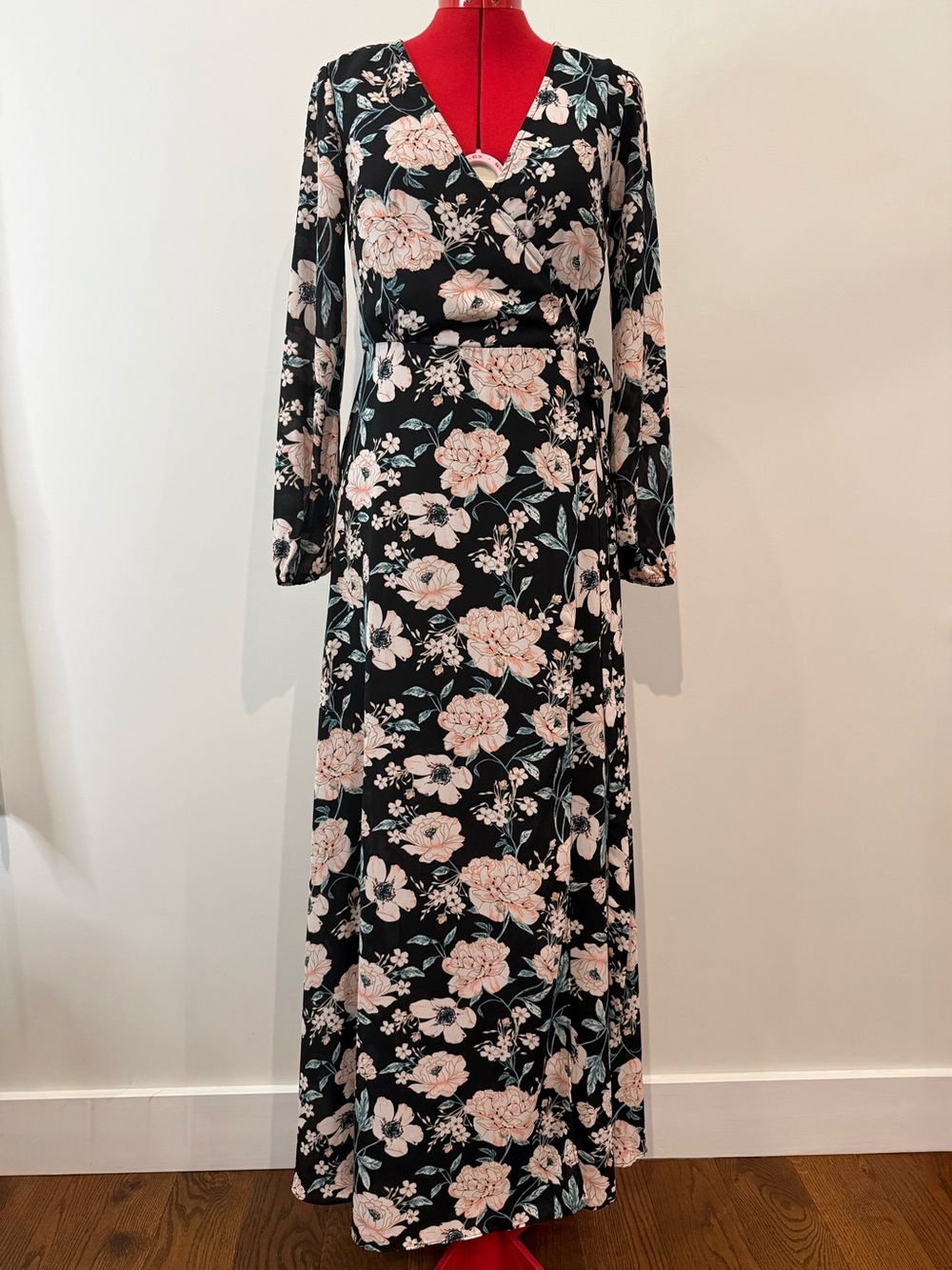 Gianni Bini Black Maxi Wrap Dress with Floral Design - Size XS